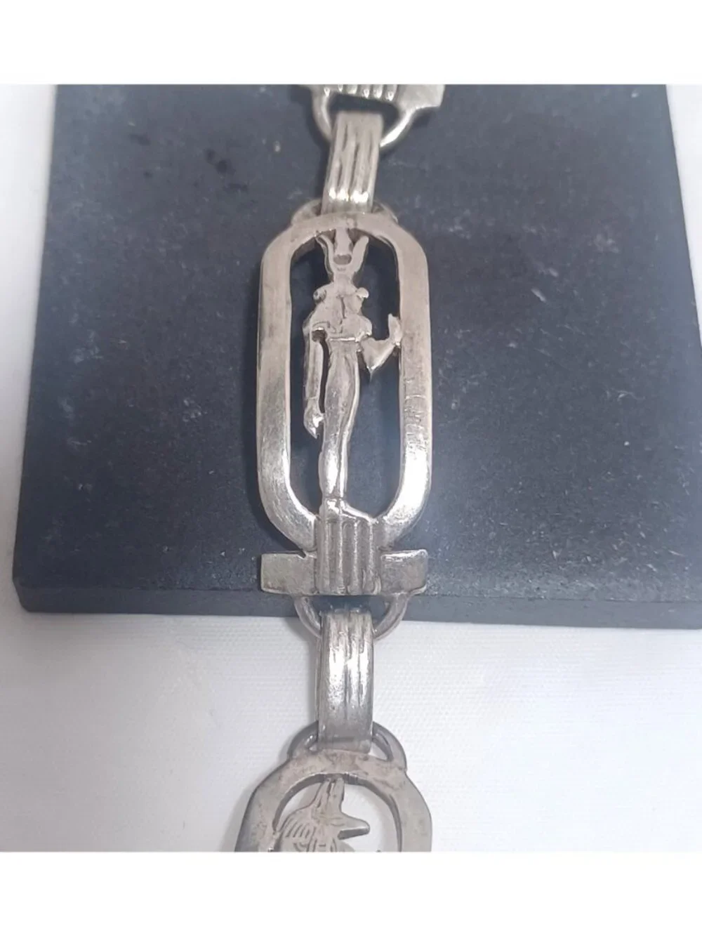 925 Sterling Silver Vtg Egyptian Hieroglyphic Storyteller Panel Link Bracelet